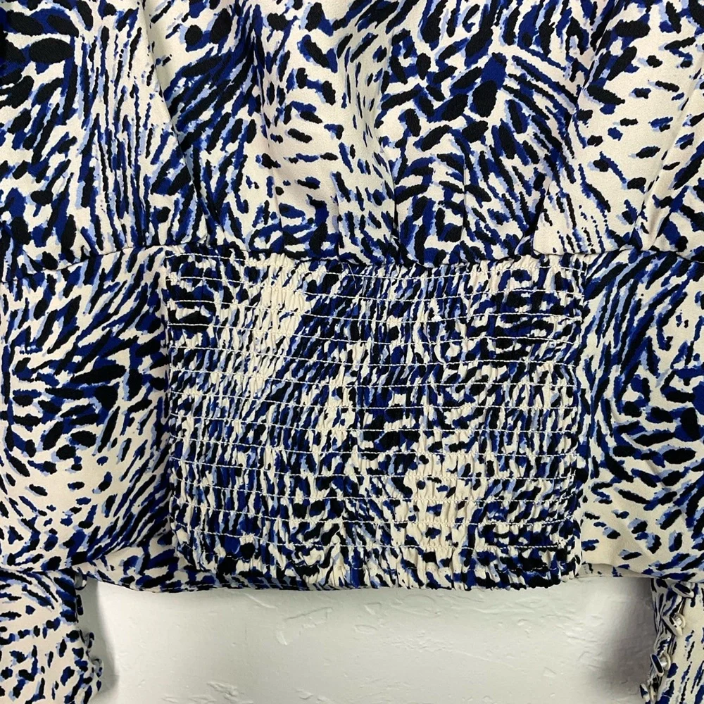 Express Multicolor Abstract Ruffle Smocked Long Sleeve Top Small - Picture 4 of 7